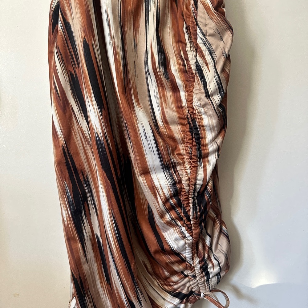 Madden NYC Side Ruched Tie-Detail Satin Slip Dress in Brown Multi - Picture 4 of 9
